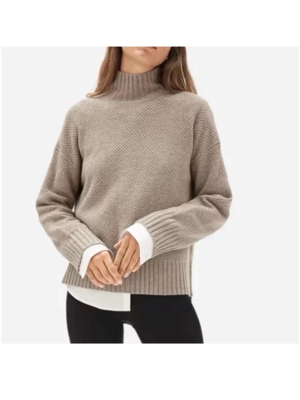 EVERLANE Cashmere Stroopwafel  mock turtleneck textured sweater neutral Sz Med